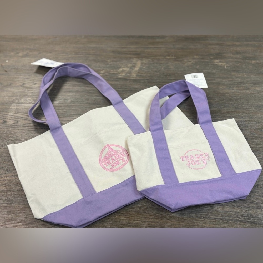 Trader Joe's Cream and Lavender Canvas Large and mini Tote